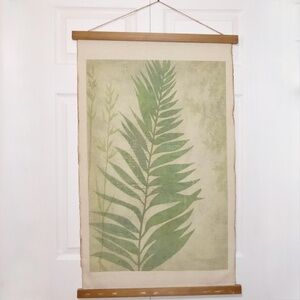 TROPICAL FERN LEAF WALL SCROLL ART TAPESTRY ROPE GREEN BROWN WOOD FRAME 37 X 23